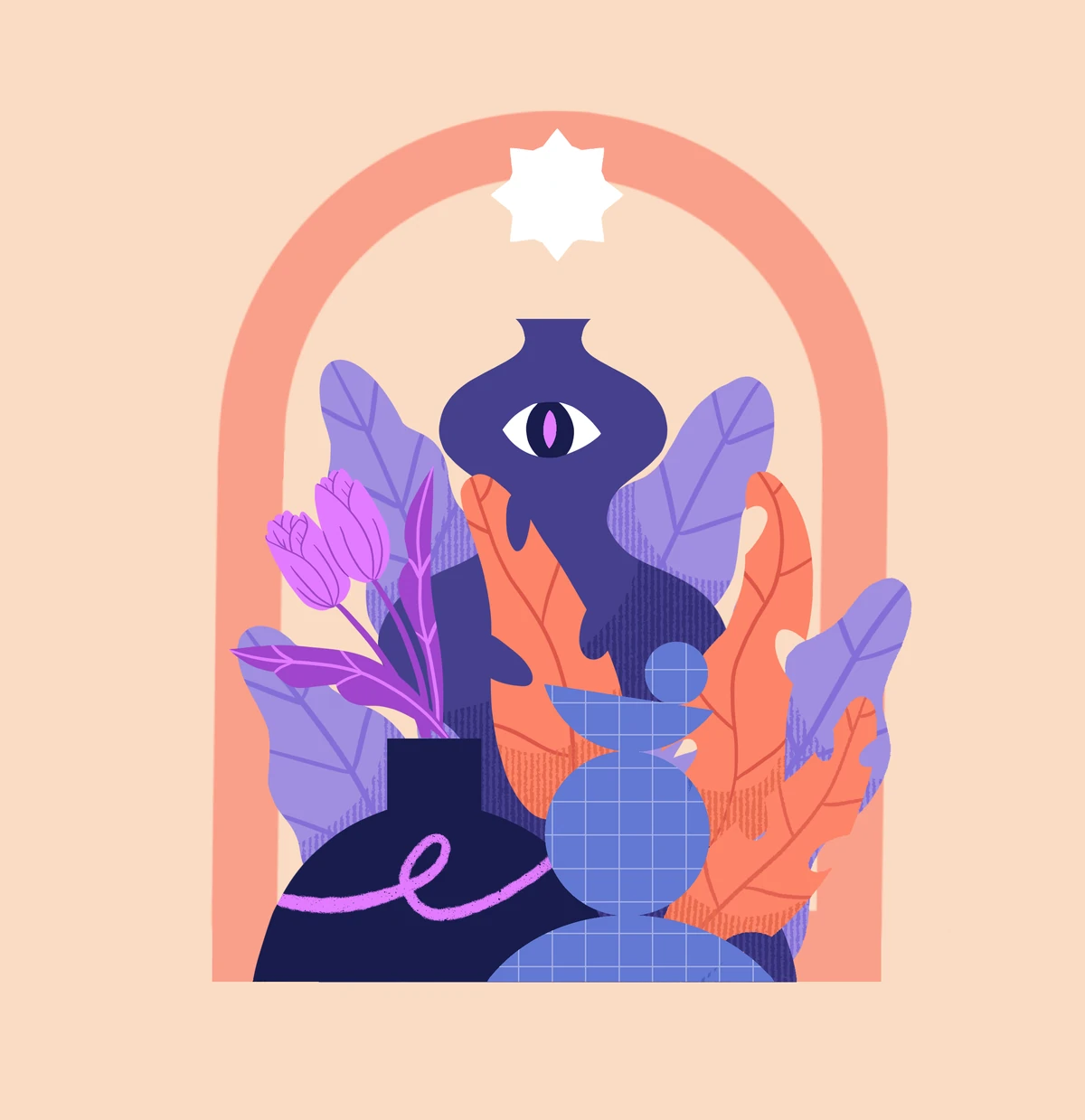 Vases and large leaves inside a pink arch, one vase with an eye