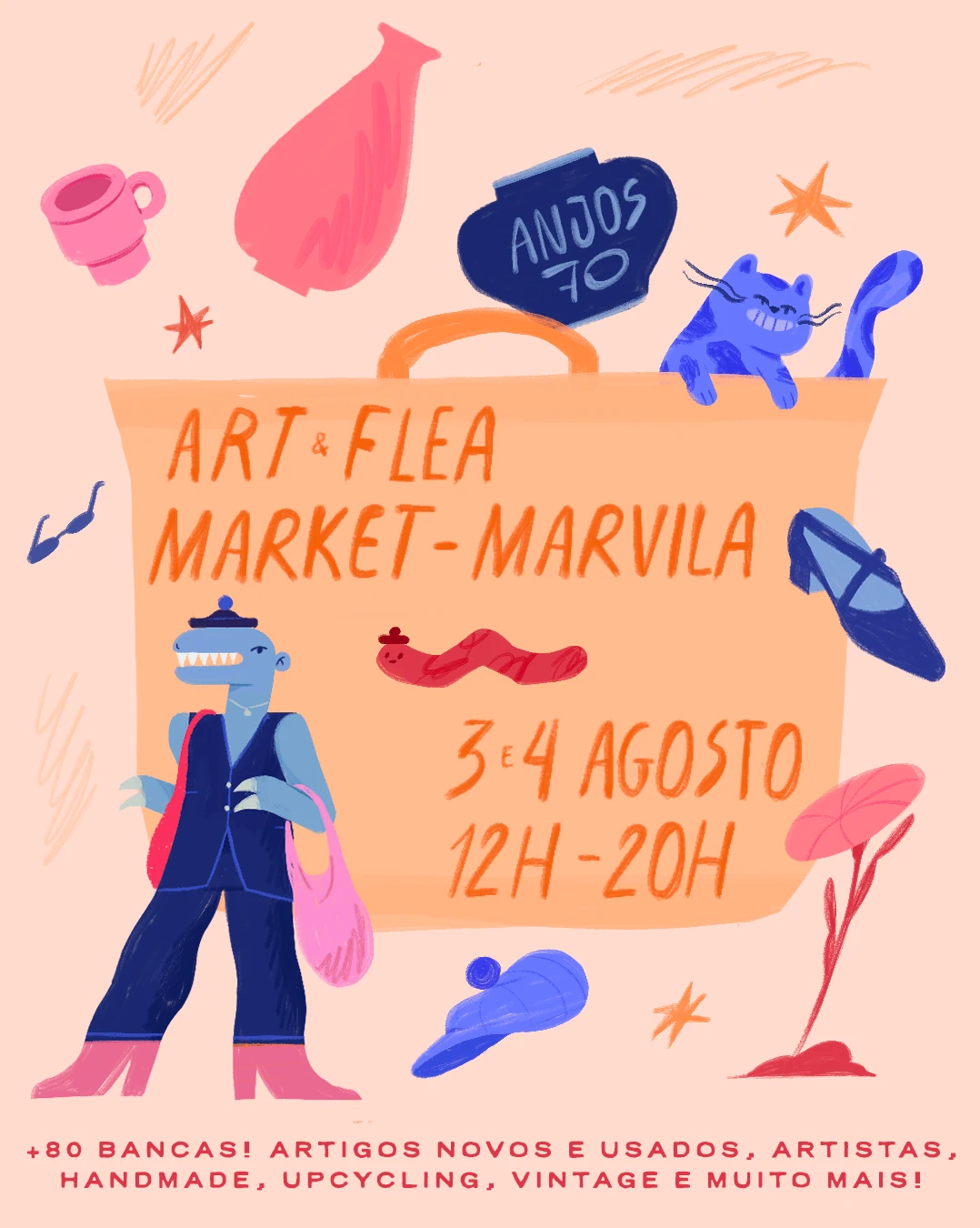 Art & Flea Market Marvila poster, August edition: a toothy blue character in a beret carrying bags, beside a big orange bag with a cat