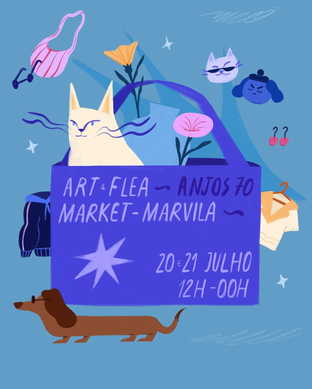 Art & Flea Market Marvila poster, July edition: a cat peeking out of a tote bag among flowers and clothes, a dachshund in sunglasses below