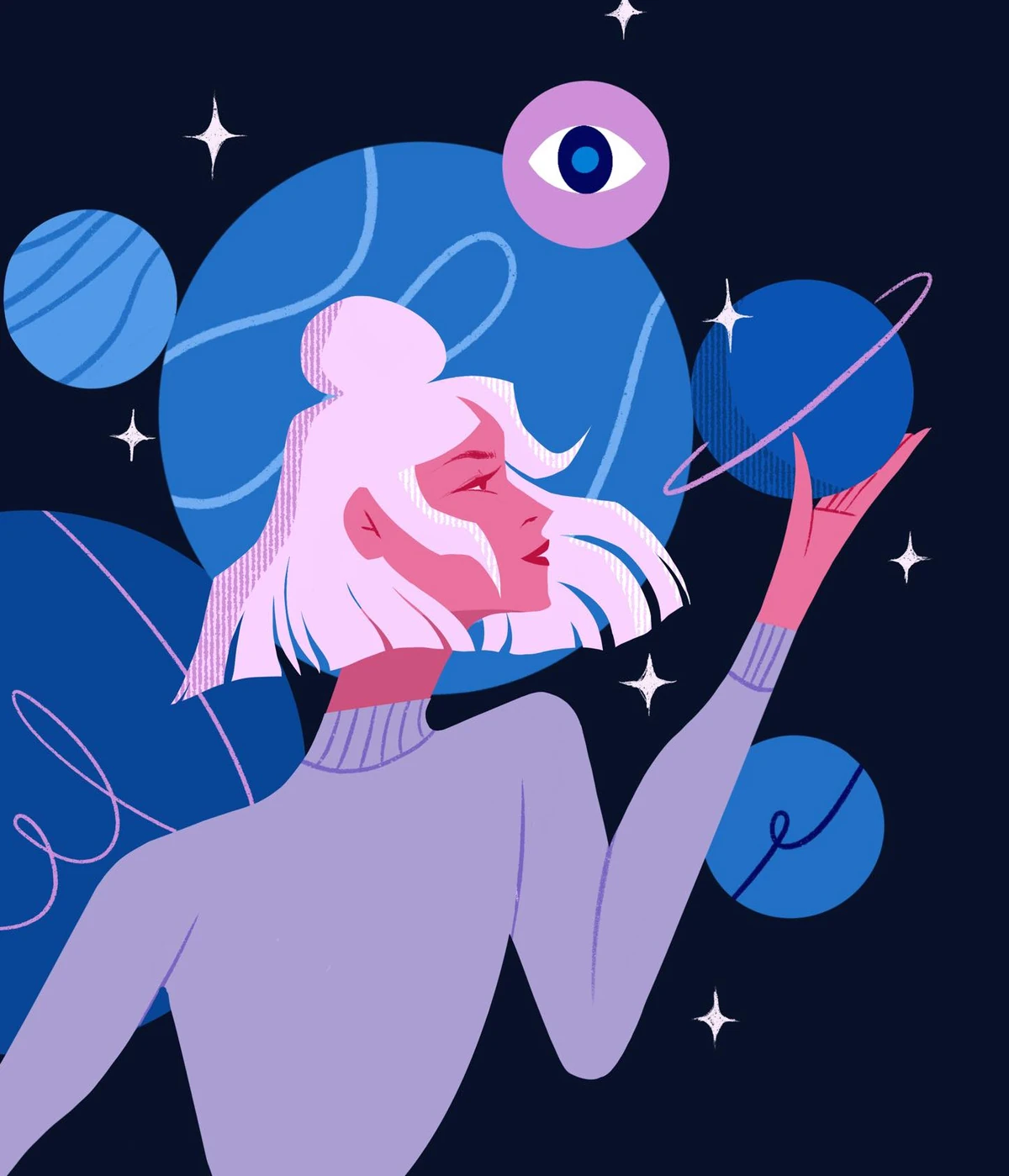 Girl with pink hair reaching up to a ringed planet, surrounded by planets, stars and an eye
