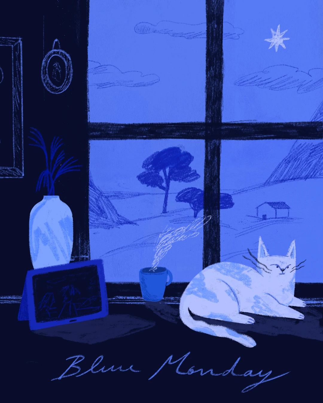 Blue Monday: a white cat dozing on a windowsill beside a steaming mug, with hills and a farmhouse outside