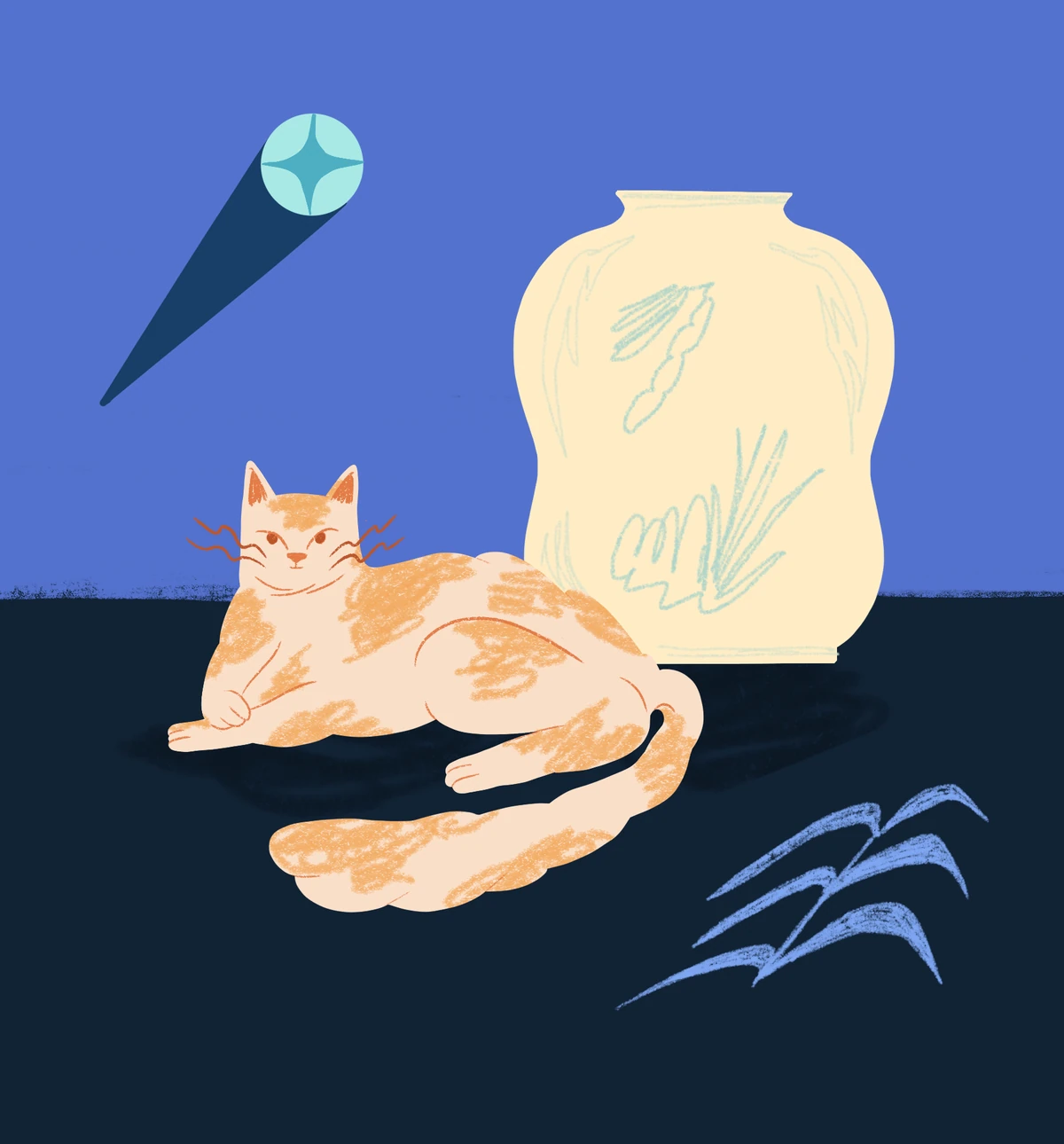 Ginger cat lying beside a large cream vase under a shooting star