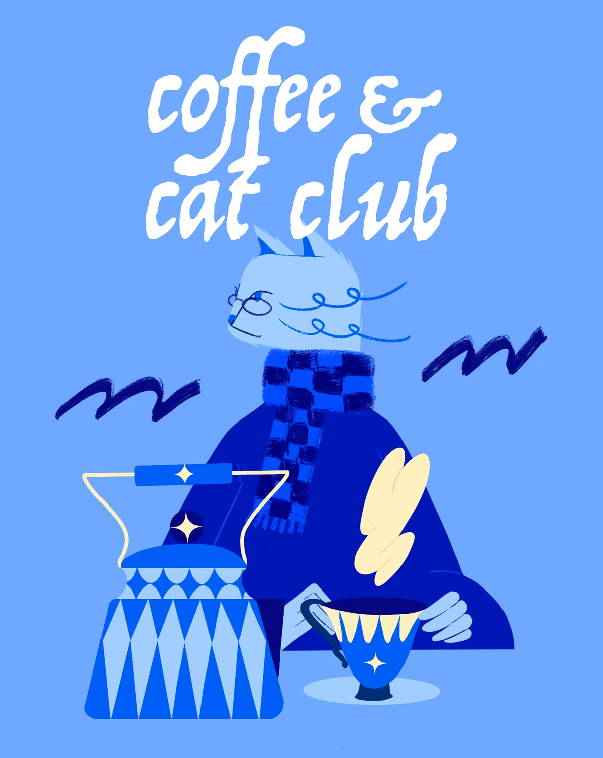 Coffee & cat club: a cat in glasses and a checked scarf having tea from a patterned teapot