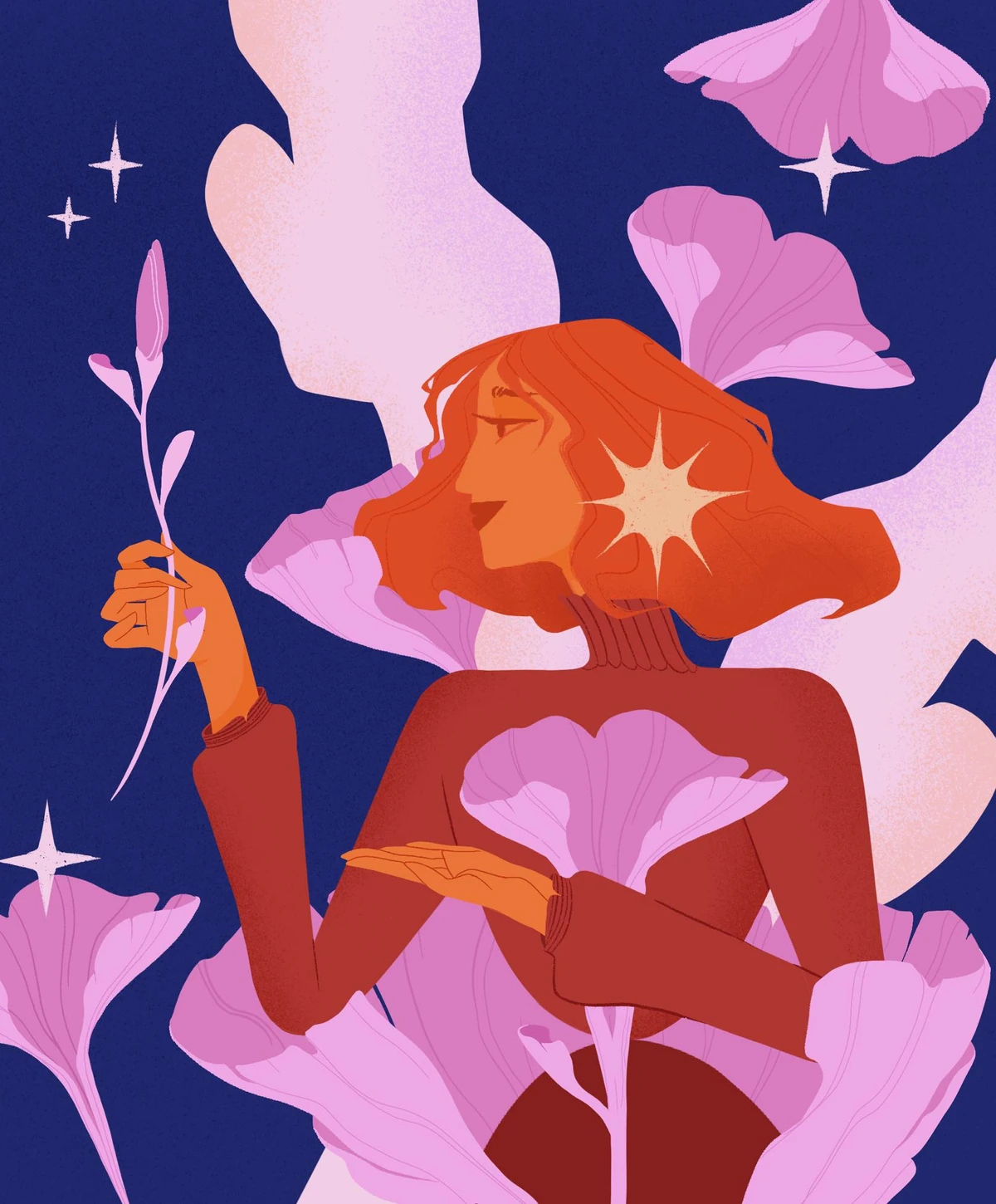 Red-haired woman in a red sweater holding a flower stem, surrounded by large pink petals