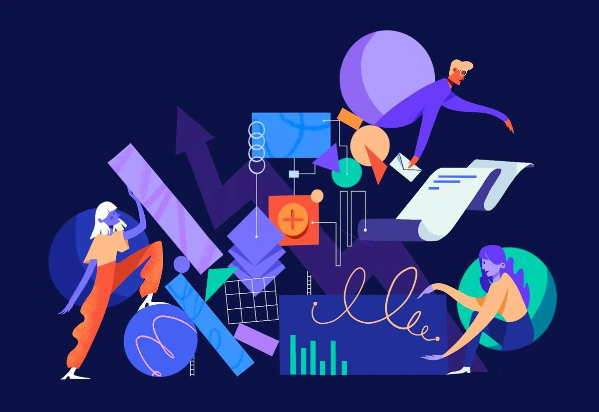 Article illustration for FLYR: three people arranging charts, arrows and abstract shapes