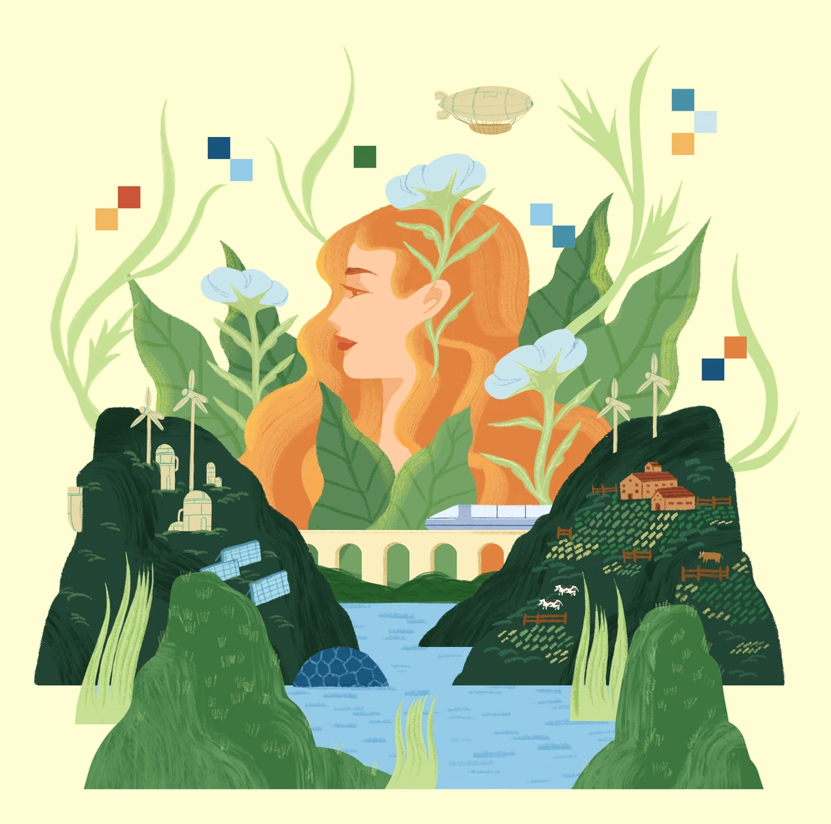 Red-haired woman among green hills with wind turbines, solar panels, a farm, a river and a train viaduct