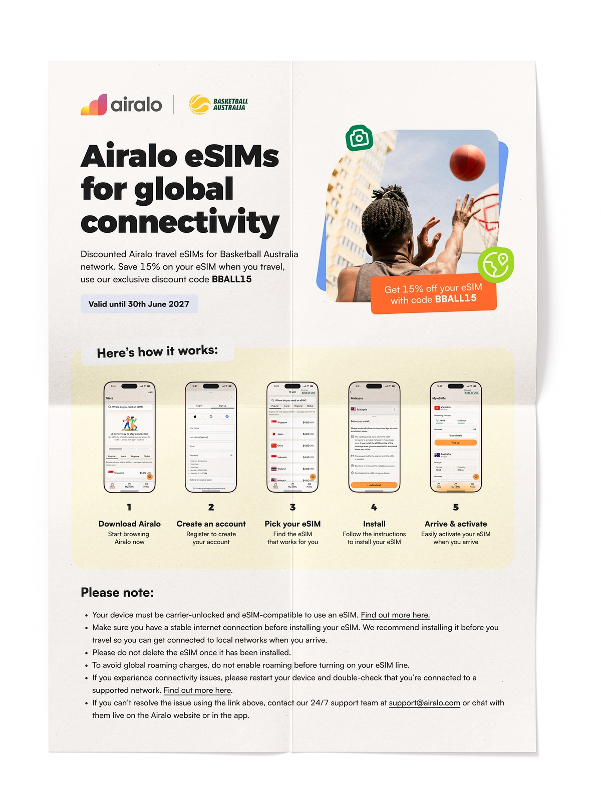 Airalo flyer for Basketball Australia explaining how to set up an eSIM in five steps
