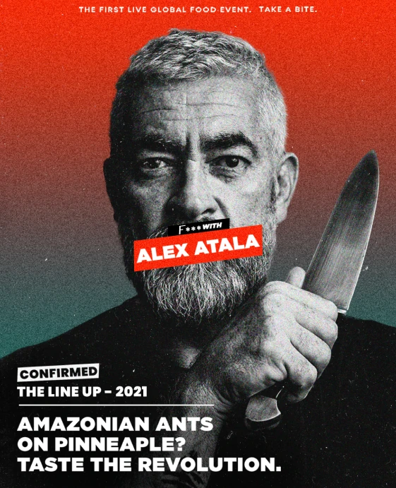 The Power of Food line-up post: chef Alex Atala holding a knife, in black and white on a red-to-green gradient