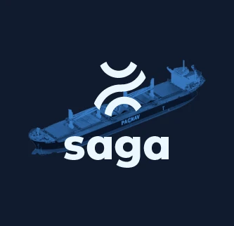SAGA logo over a cargo ship on dark blue
