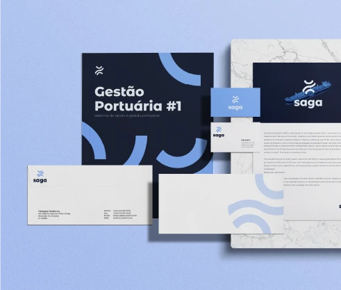 SAGA stationery: brochure, letterhead, envelope and business cards