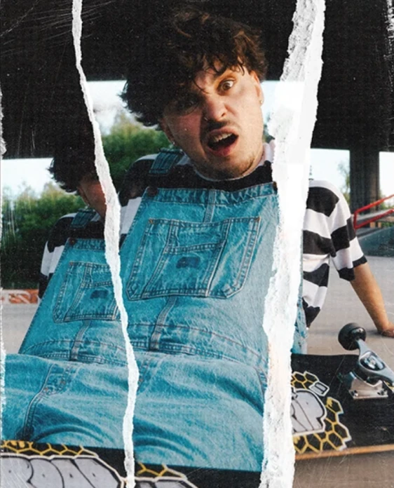 Super Bock Super Rock post: torn-paper collage of a skater in denim dungarees pulling a face