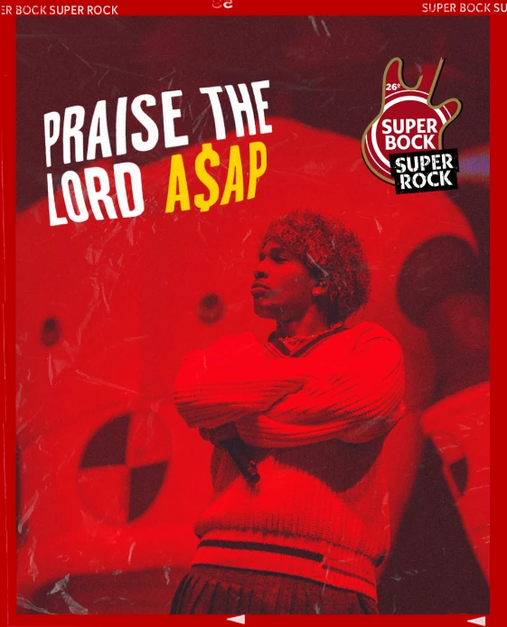 Super Bock Super Rock post for A$AP Rocky: the rapper on stage in red, with the festival logo