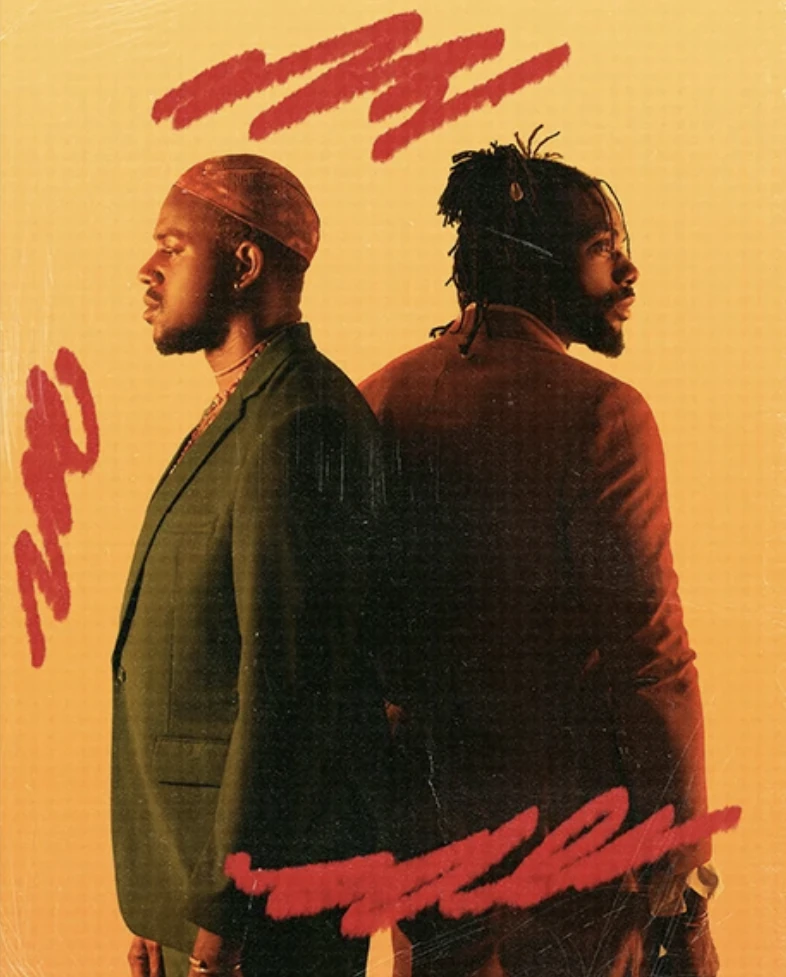 Festival artwork: two musicians standing back to back on orange, with red brush strokes