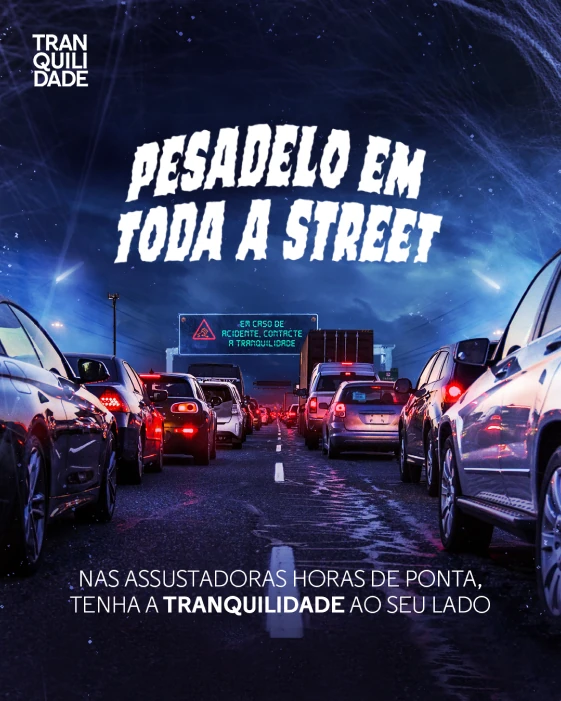 Tranquilidade post: a night-time traffic jam under the spooky headline “Pesadelo em toda a street”