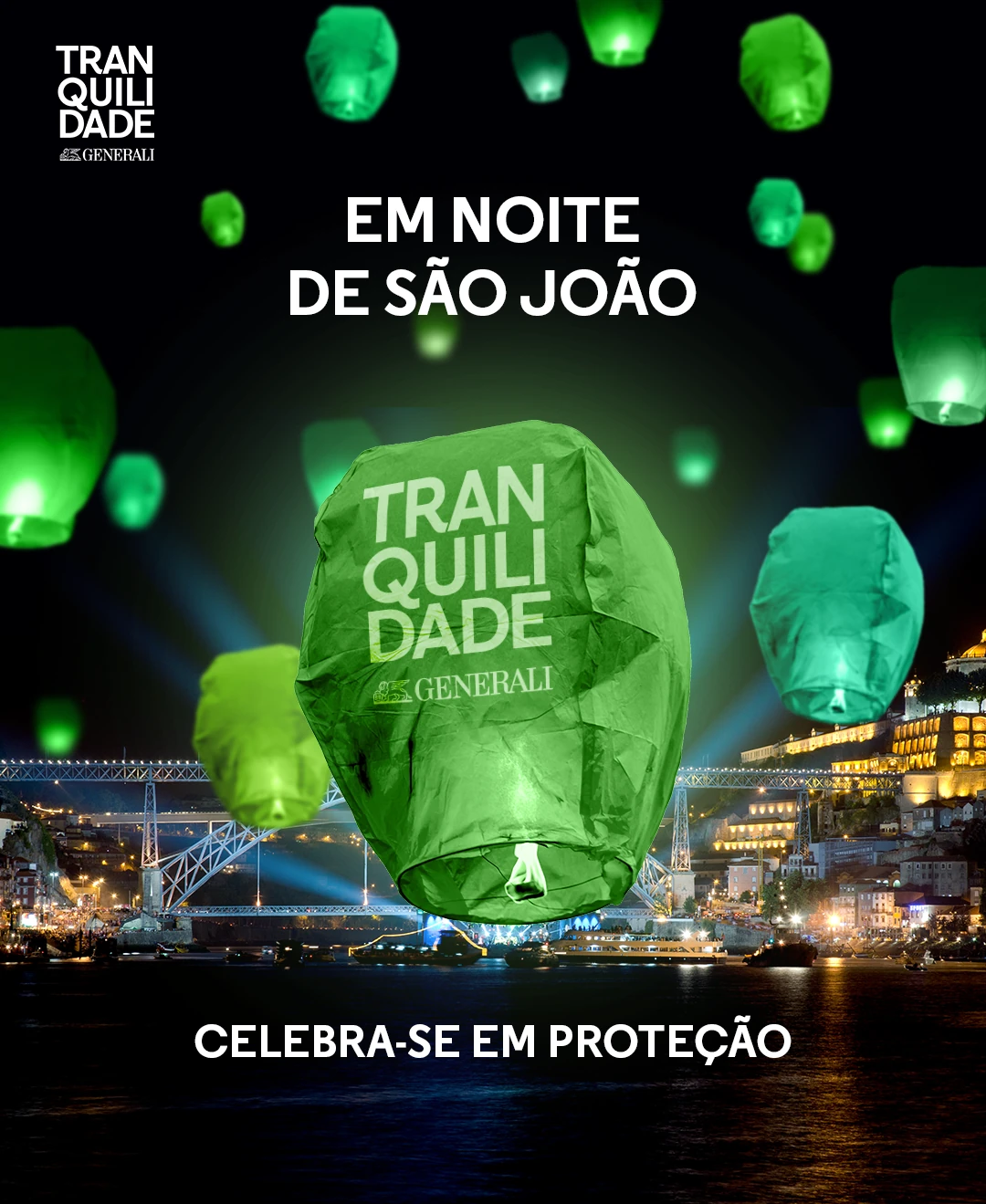 Tranquilidade post for São João: green sky lanterns over Porto at night