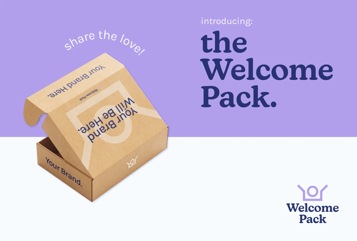 Welcome Pack branding: a kraft gift box beside the line “introducing: the Welcome Pack.”
