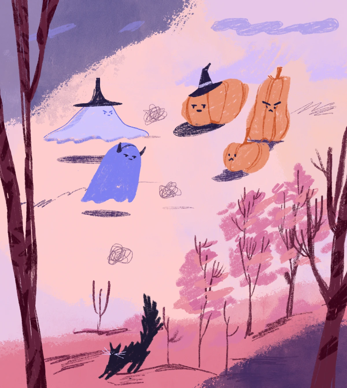 Ghosts and pumpkins in witch hats floating over pink woods, a black cat below