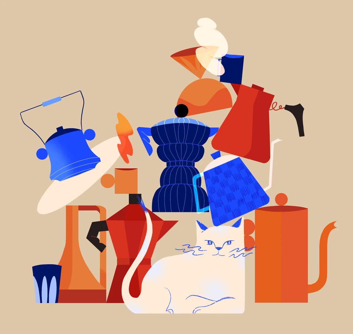 Stack of colourful kettles, coffee pots and jugs, with a white cat in front