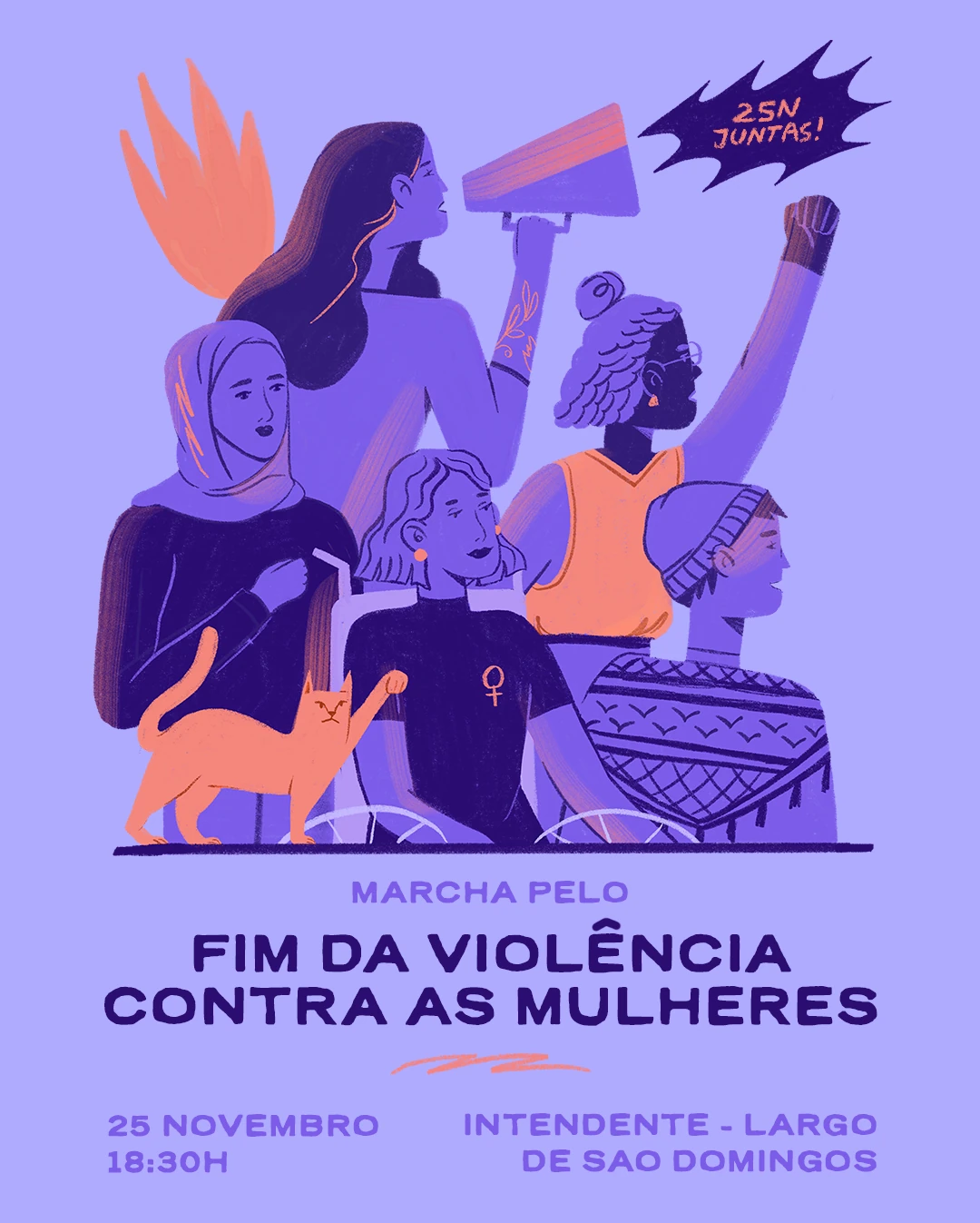 Poster for the 25 November march to end violence against women: women marching with a megaphone and raised fists, with a cat