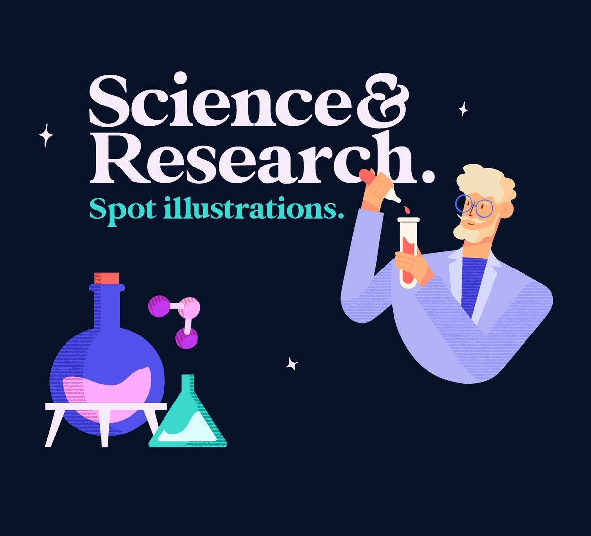 Science & Research spot illustrations: a scientist with a test tube, flasks and a molecule