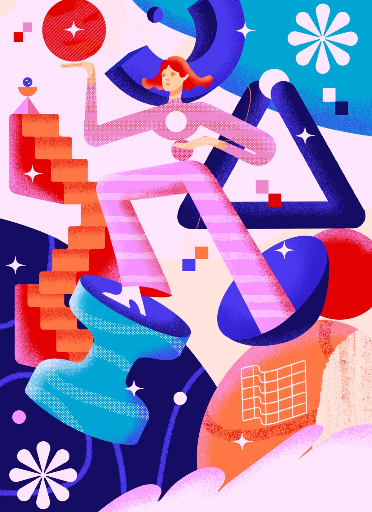 Woman in pink stepping across floating stairs and colourful shapes