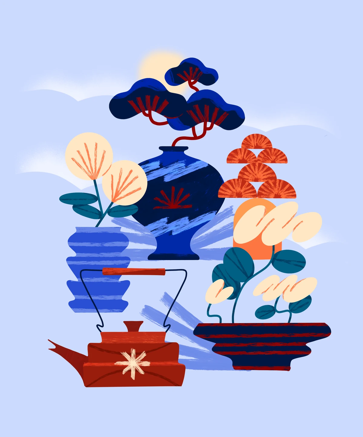 Still life of a red teapot, blue vases and small bonsai trees