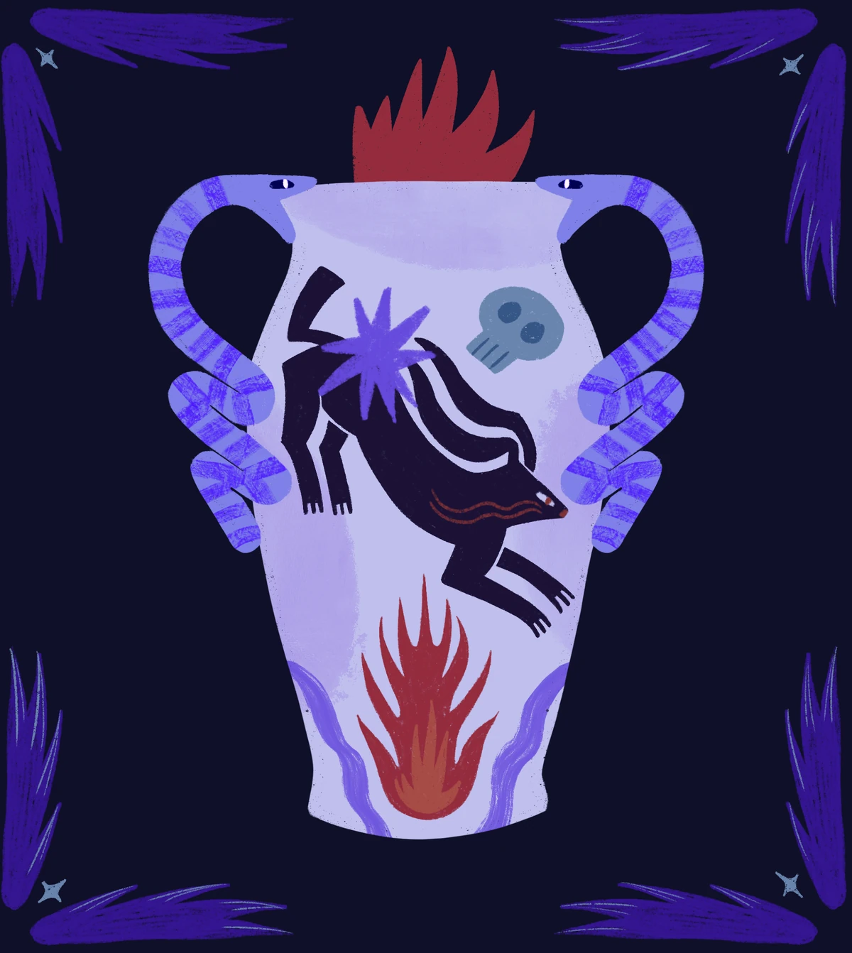 Vase with snake handles, decorated with a leaping black animal, a skull and flames