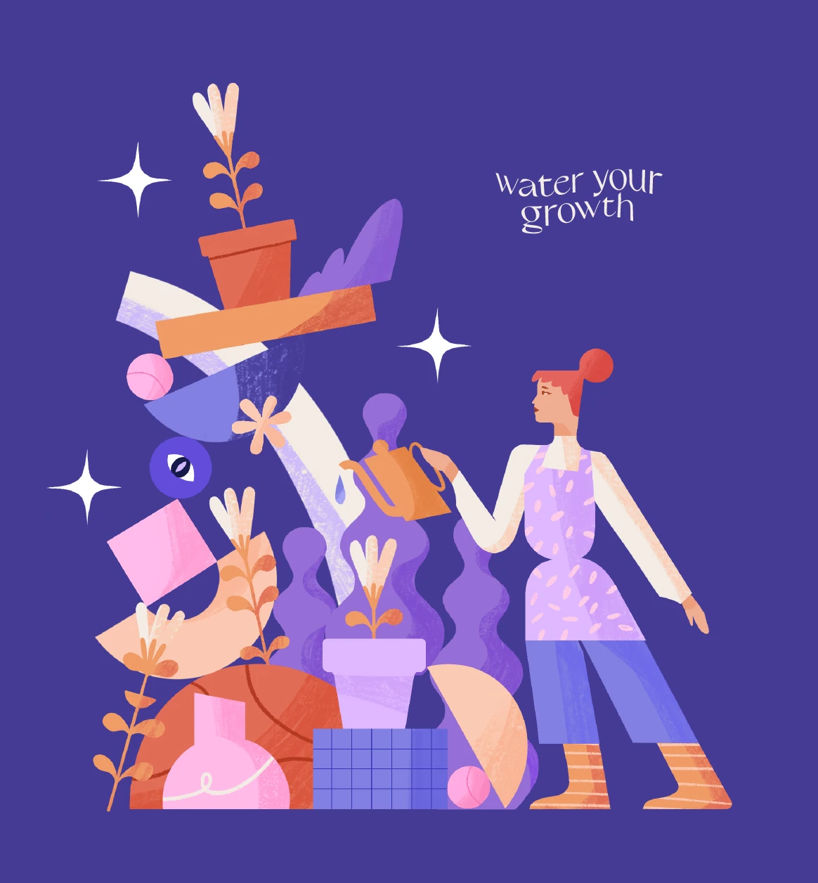 Water your growth: a woman watering a tall stack of potted plants and shapes