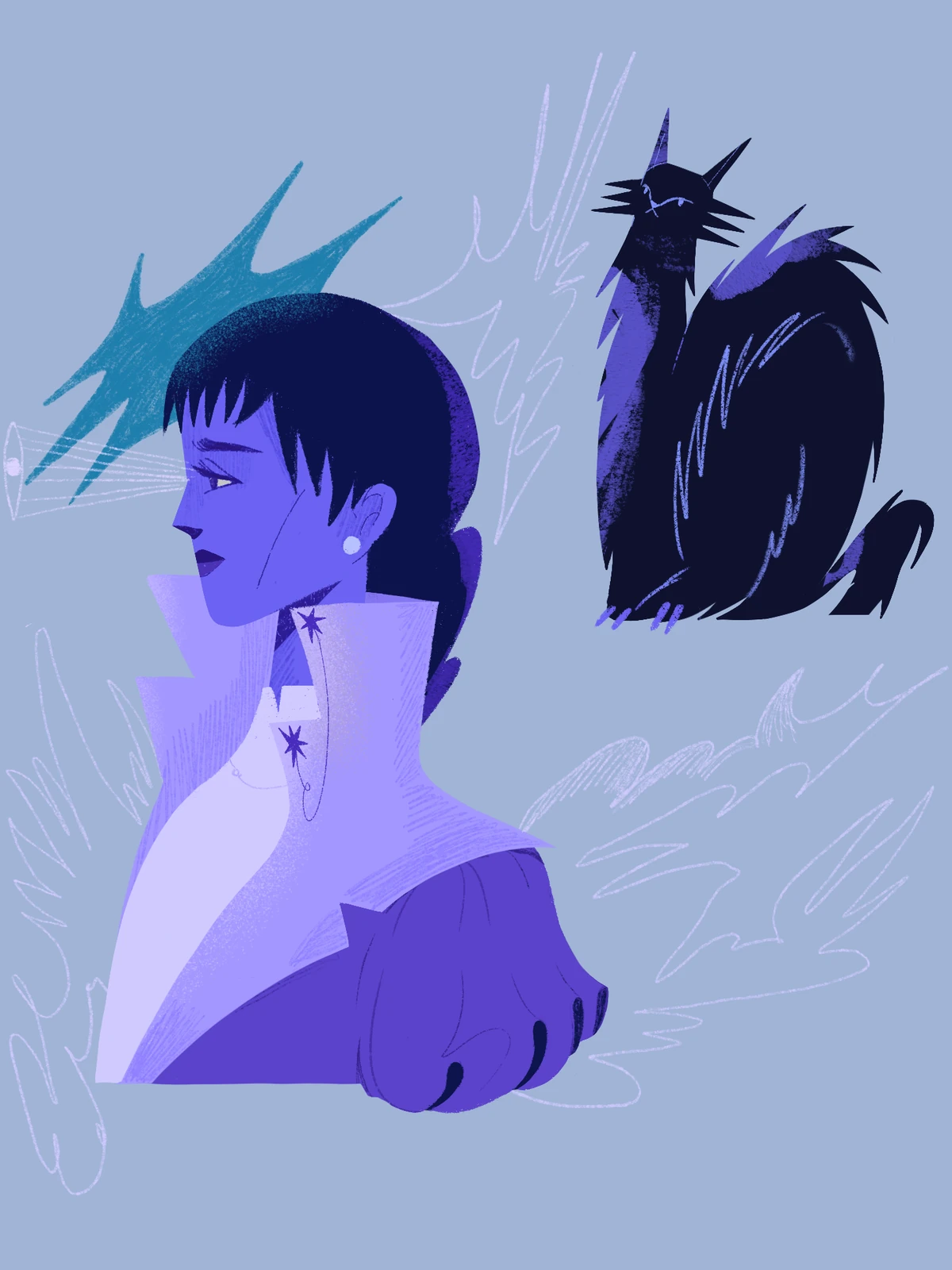 Woman with a high white collar in profile, beside a spiky black cat