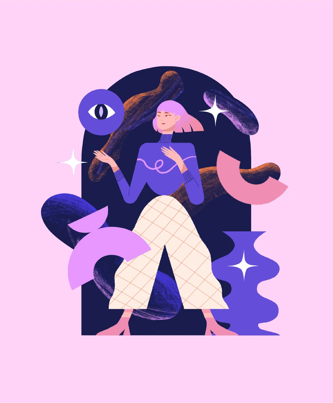 Woman in a purple top and checked trousers standing in a dark arch among floating shapes and an eye