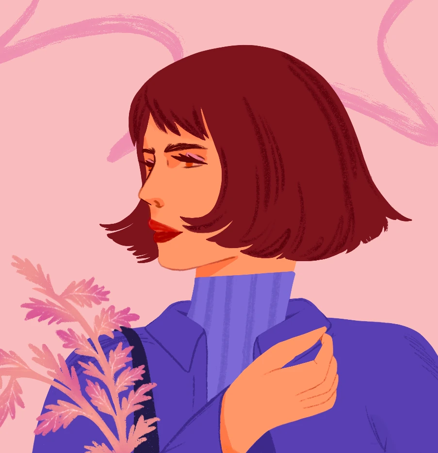 Portrait of a woman with a dark red bob and a purple turtleneck